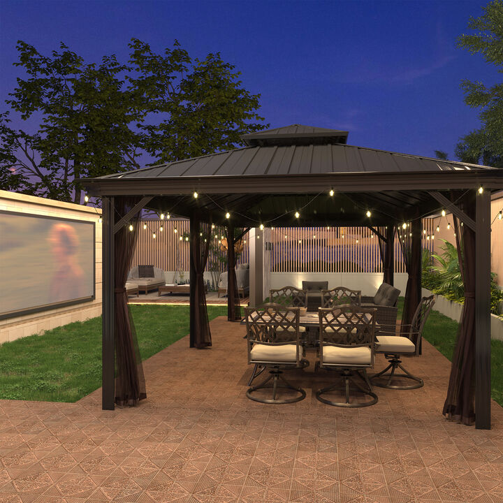 Mondawe 12 ft. x 20 ft. Outdoor Aluminum Frame Gazebo with Mosquito Netting Hardtop Canopy Shelter Iron Double Roof Pavilion