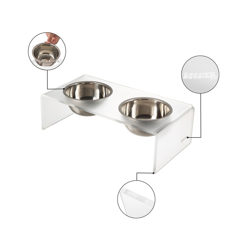 Keaton Modern Acrylic Rectangular Elevated Pet Feeder with Stainless Steel Bowls