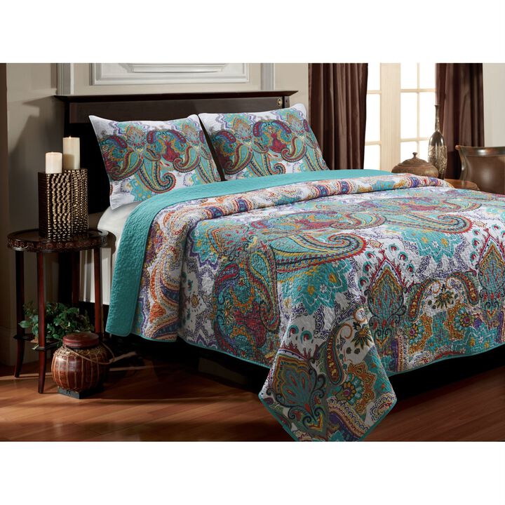 QuikFurn Twin size 3-Piece Cotton Quilt Set in Teal Multi-Color Paisley Pattern