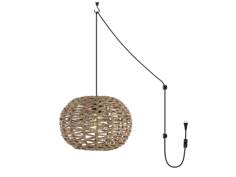 Isla 1-Light Farmhouse Coastal Rattan 180" Cord Plug-In or Hardwired LED Pendant