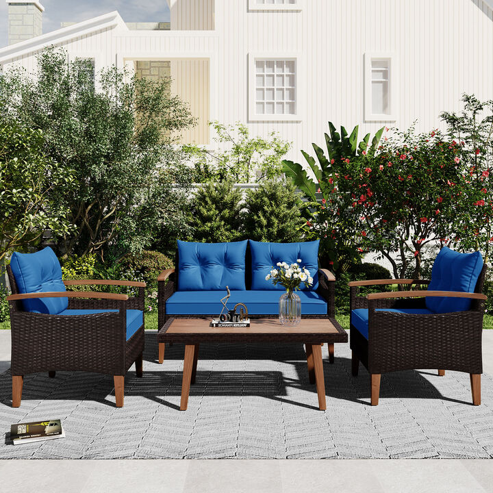 Merax 4-Piece Garden Furniture, Patio Seating Set, PE Rattan Outdoor Sofa Set