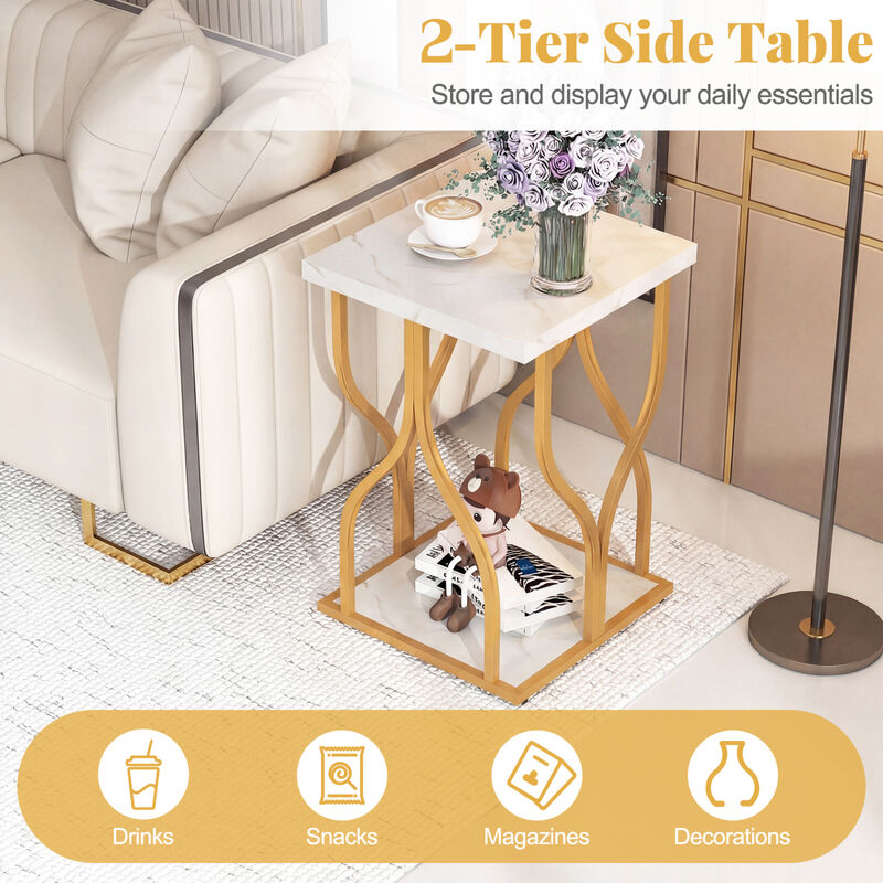 Faux Marble Bedside Night Stand with Petal-Inspired Metal Frame image number 4