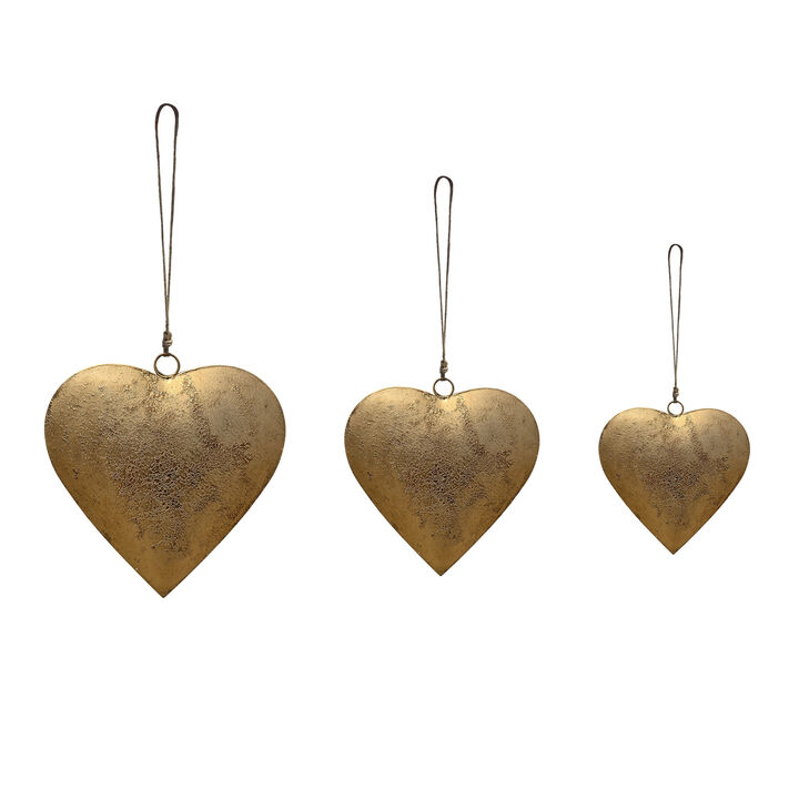 Myri Decorative Metal Heart Wall Decor Set of 3, Antique Gold Iron with Jute Hanging Rope, 12, 9.5, 7 Inches
