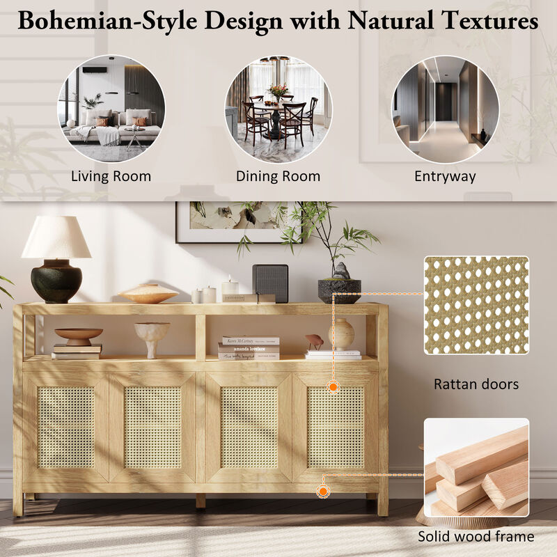 TATEUS 60" Boho-Chic Rattan Sideboard – Solid Wood Frame 3-Tier Adjustable Buffet Cabinet