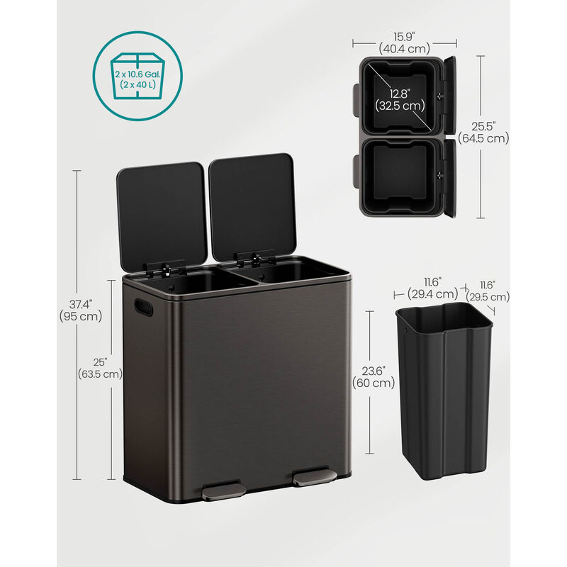 2 x 10.6 Gallon Kitchen Trash Can Set Dual 40L Garbage Bins image number 2