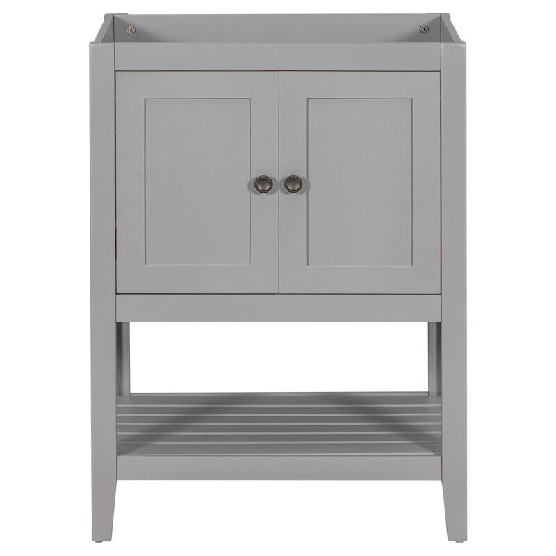 24" Bathroom Vanity Base Only, Solid Wood Frame, Bathroom Storage Cabinet with Doors and Open Shelf, Grey