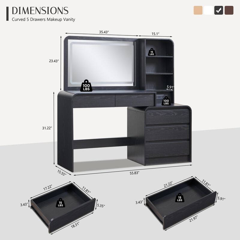 50" Vanity Desk with 35.4" LED Mirror, 3 Lights, 5 Drawers & Charging Station image number 1
