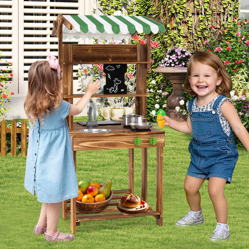 Backyard Mud Kitchen for Toddlers &ndash; Double-Sided Design with Canopy & Activity Board