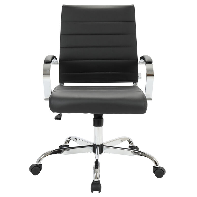LeisureMod Benmar Mid-Back Office Chair, Leather Upholstery with Swivel, Tilt, and Chrome Base, Modern Desk Seating for Home Office or Conference Room