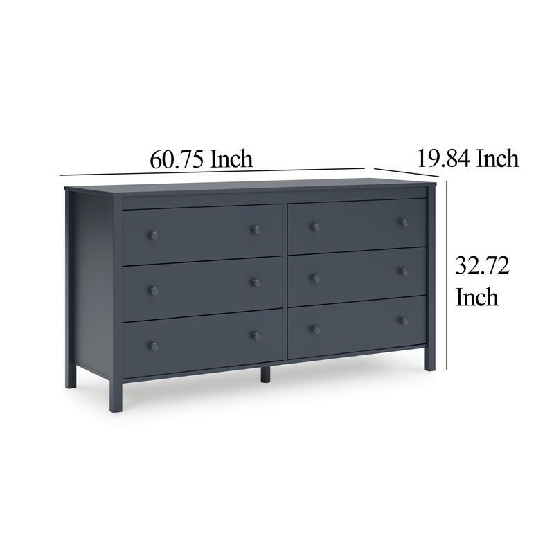 Cian Wide Dresser, 6 Drawers, Knob Handles, Navy Blue Wood, 61 Inch - Benzara