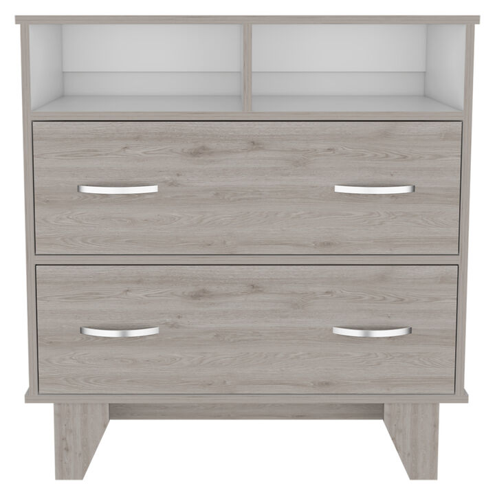 DEPOT E-SHOP Stamford Two Drawer Dresser, Four Legs, Two Open Shelves, Superior Top, Black