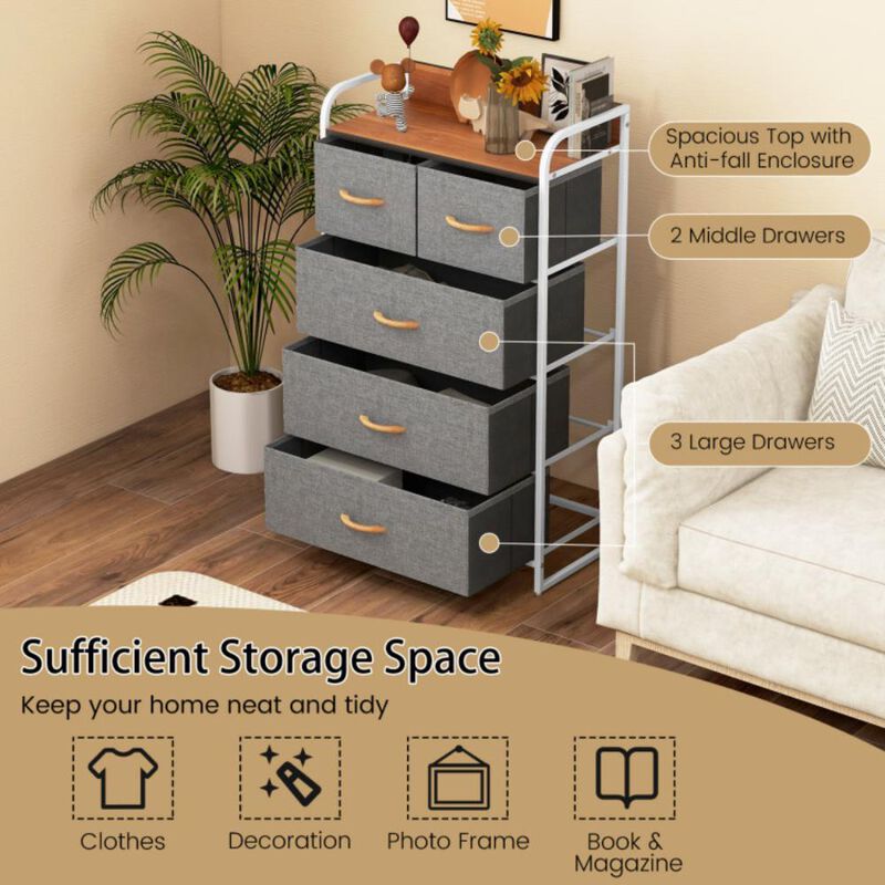 Hivvago 4-Tier Organizer Tower Steel Frame Wooden Top Storage with 5-Drawer Dresser