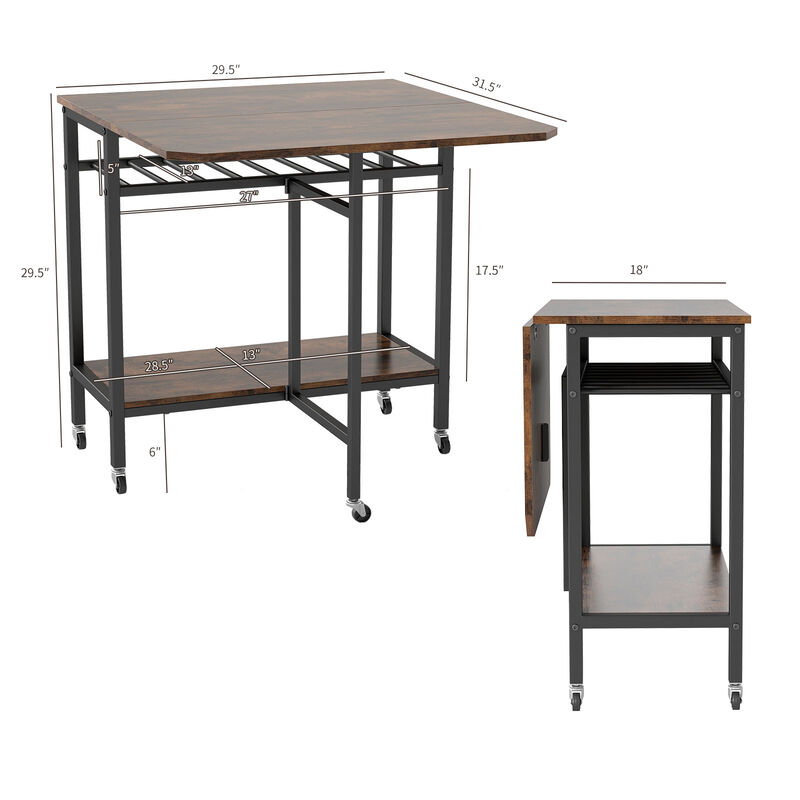 Expandable Folding Dining Table with Laptop Tray, Wine Rack, and Casters-Rustic Brown image number 2