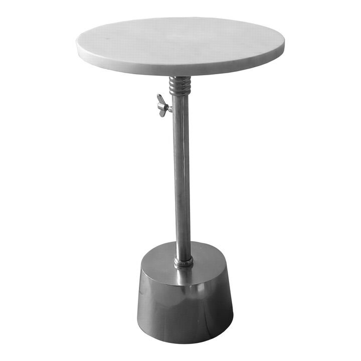 Aluminum Frame Round Side Table with Marble Top and Adjustable Height, White and Silver-Benzara