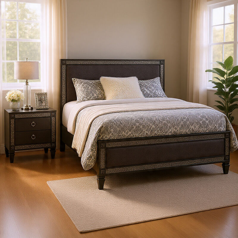 Queen Bedroom Set, Gray, Nickel Wood, 2 Piece Set with Nightstand image number 8