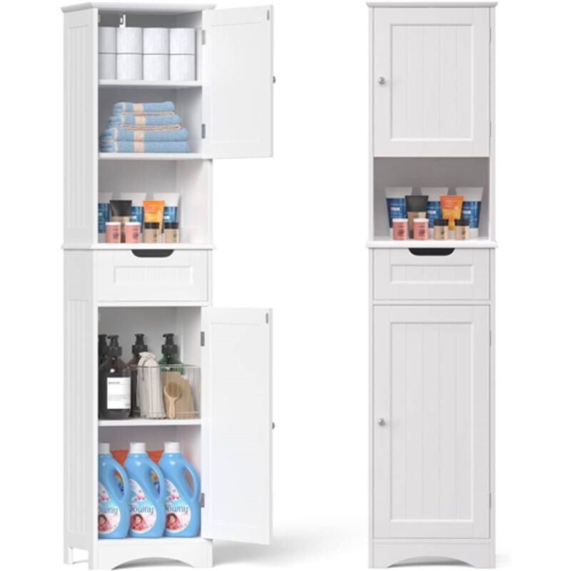 Slim Bathroom Linen Tower with Double Doors, Storage Drawer & Shelf