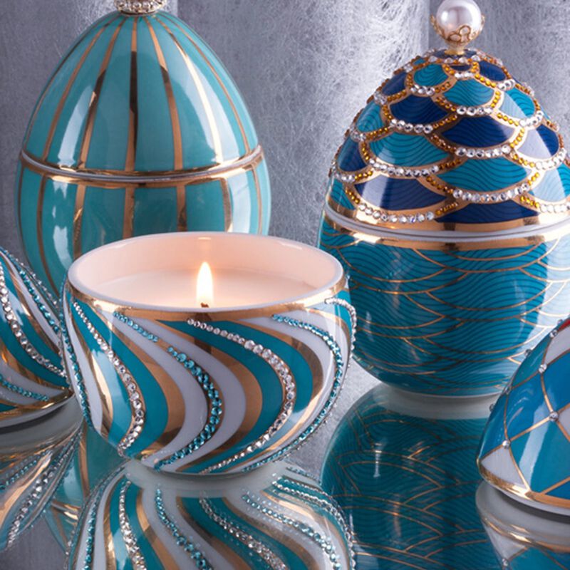 Candle in Ceramic Egg BOIS DE ROUSSIE 7 oz Light Blue Gold Stripes with CrystalsS 5.12 diam. x 6.5 in image number 2