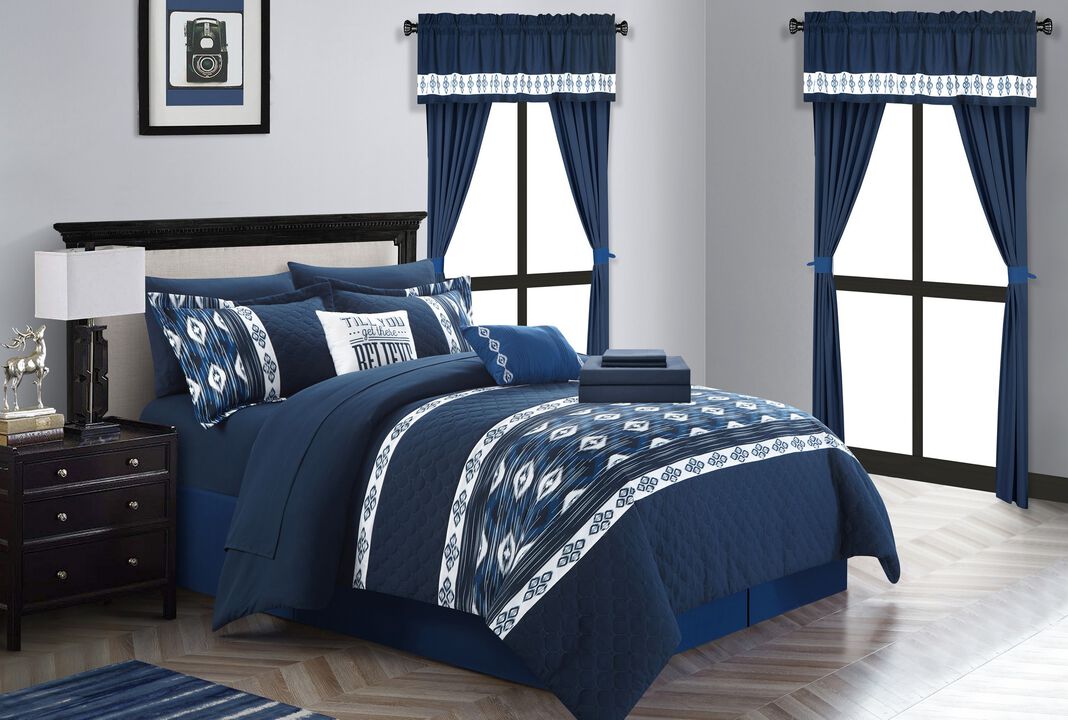 Chic Home Safforn 20 Piece Comforter Set Color Block Geometric Ikat Embroidered Bed in a Bag Bedding - Sheets Pillowcases Window Treatments Decorative Pillows Shams Included - King 104x92", Navy