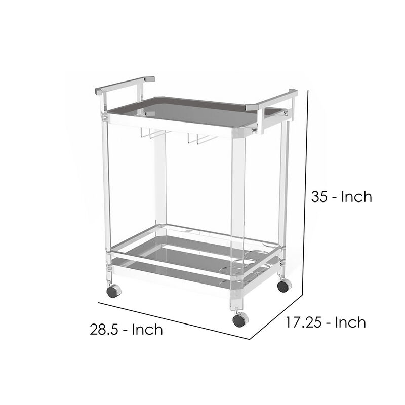 Stylish Metal Base Serving Cart With Glass Top, Clear - Benzara