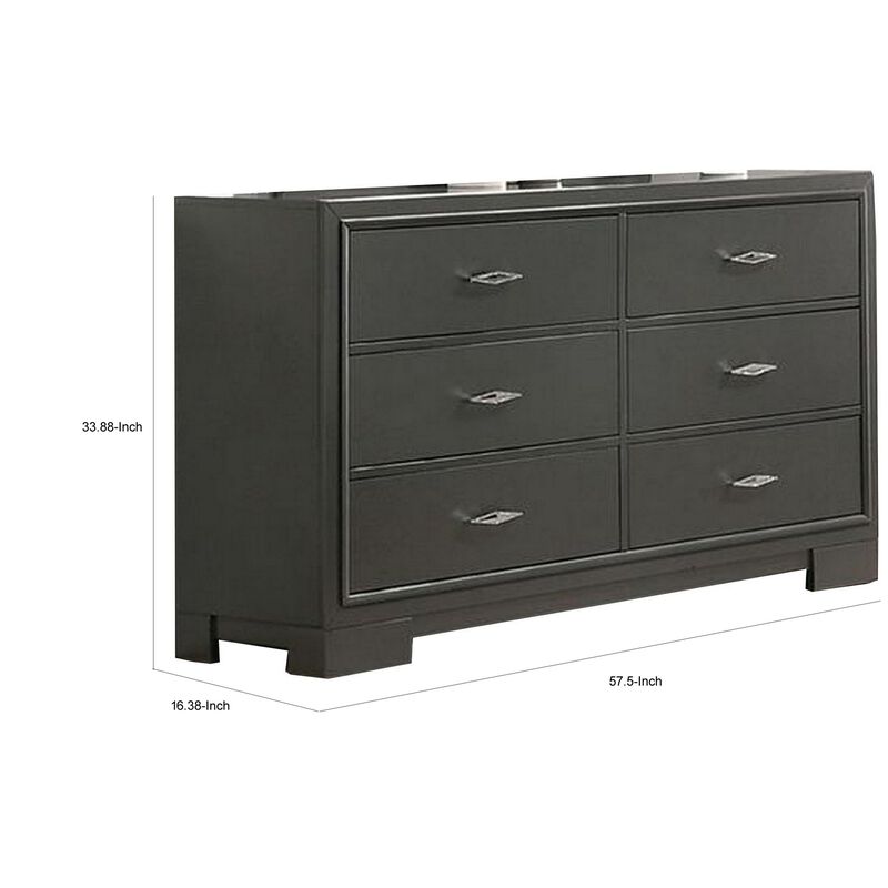 Benjara Aliso 58 Inch Wide Dresser Chest, 6 Drawers, Bracket Feet, Dark Gray