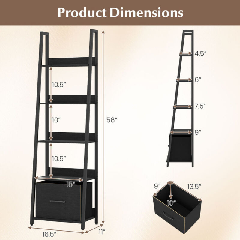 Modern 5-Tier Ladder Bookshelf with Fabric Storage Drawer image number 2