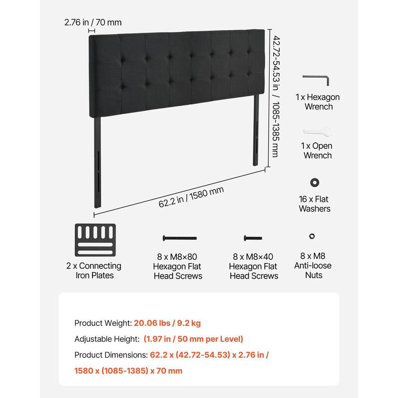 Adjustable Queen Headboard, Diamond Tufted Upholstered Bed Backboard, Black image number 2