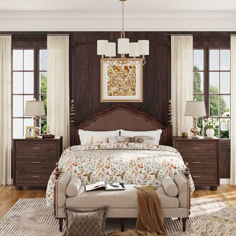 FUFU&GAGA Retro 3-Drawer Bedside Table with Silver Handles, Large Beveled Edge Faux Thick Design and Patterned Drawer Fronts, (34.4 in. W x 31.4 in. D x 15.7 in. H), Dark Brown Wood Grain