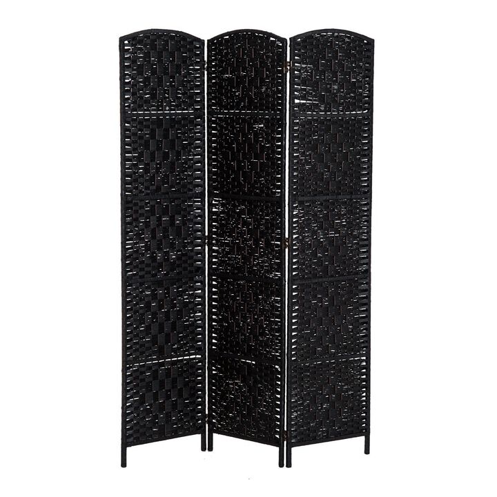 6' Tall Wicker Weave 3 Panel Room Divider Wall Divider, Black