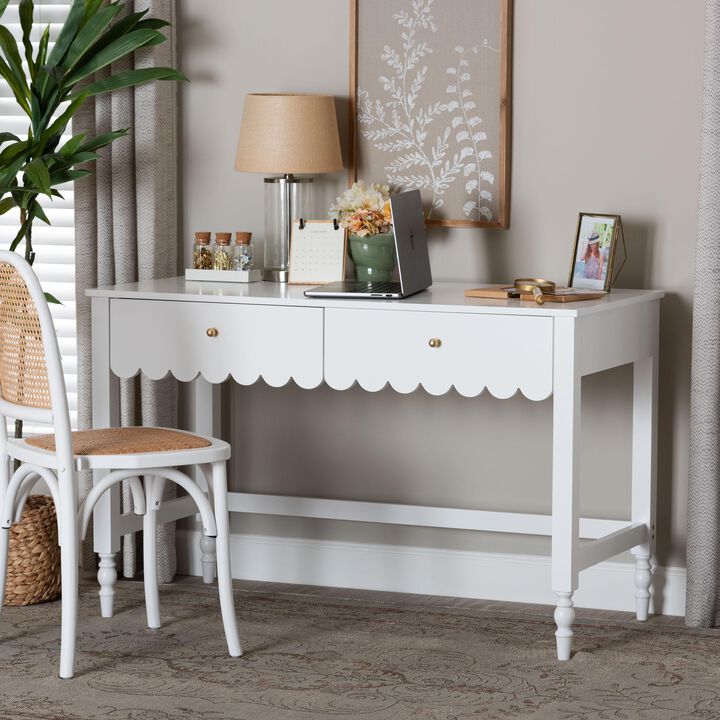 Baxton Studio Roni Writing Desk with Drawers - Modern Cottage Style Desk with Scalloped Detailing for Home Office or Vanity, White