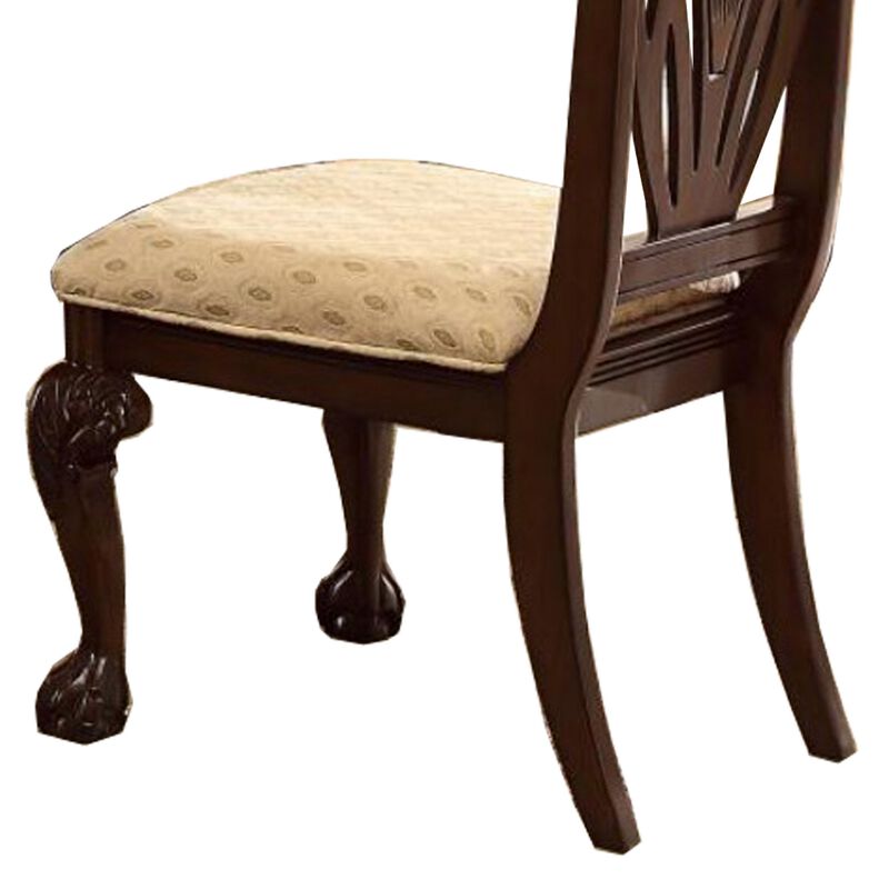 Traditional Style Wooden Fabric Side Chair With Floral Motifs, Brown, Cream, Set of 2-Benzara
