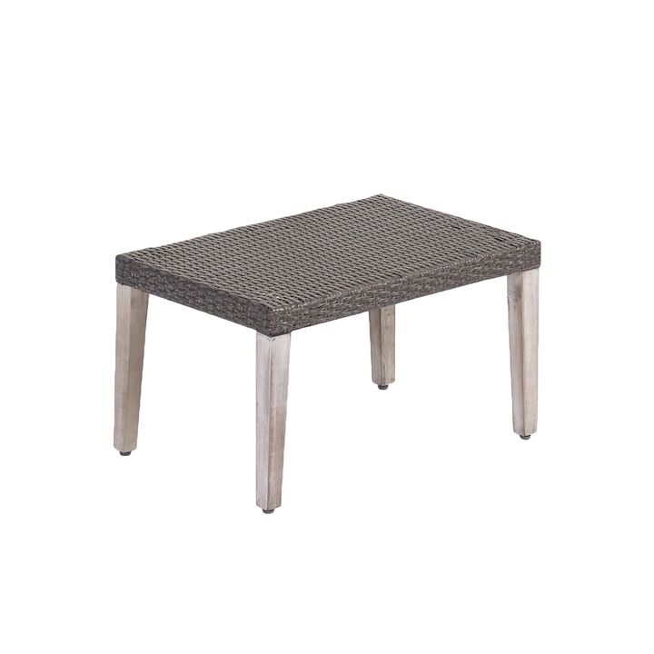 Bops Outdoor Ottoman, Gray Faux Rattan Wicker, 28 Inch Acacia Wood - Benzara