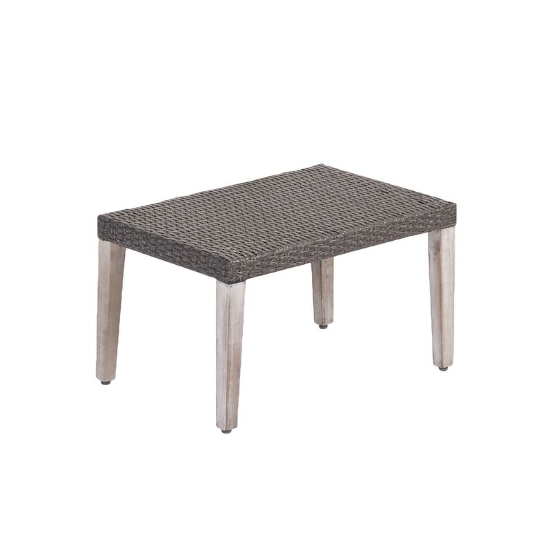 Bops Outdoor Ottoman, Gray Faux Rattan Wicker, 28 Inch Acacia Wood - Benzara