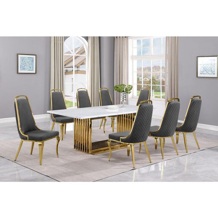 9pc Large(79") marble top dining set with gold base and 8 Dark grey side chairs
