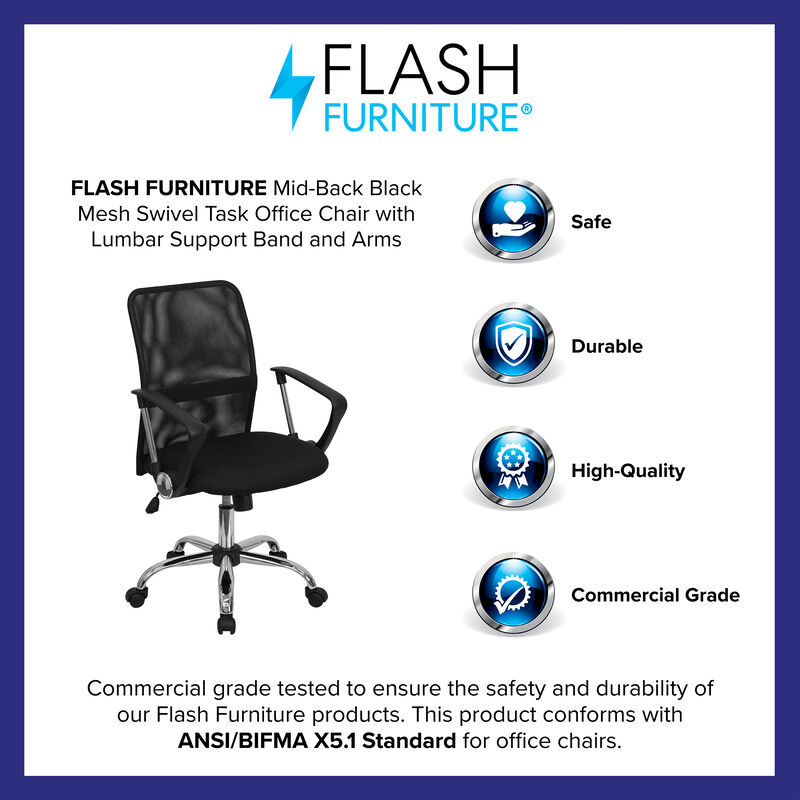 Jenkins Mid-Back Mesh Swivel Task Office Chair with Lumbar Support Band and Arms image number 3