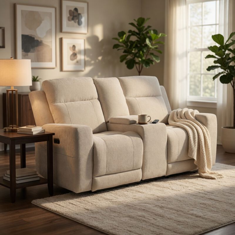 Kenie Power Reclining Loveseat with Console, Ivory Chenille Fabric image number 8