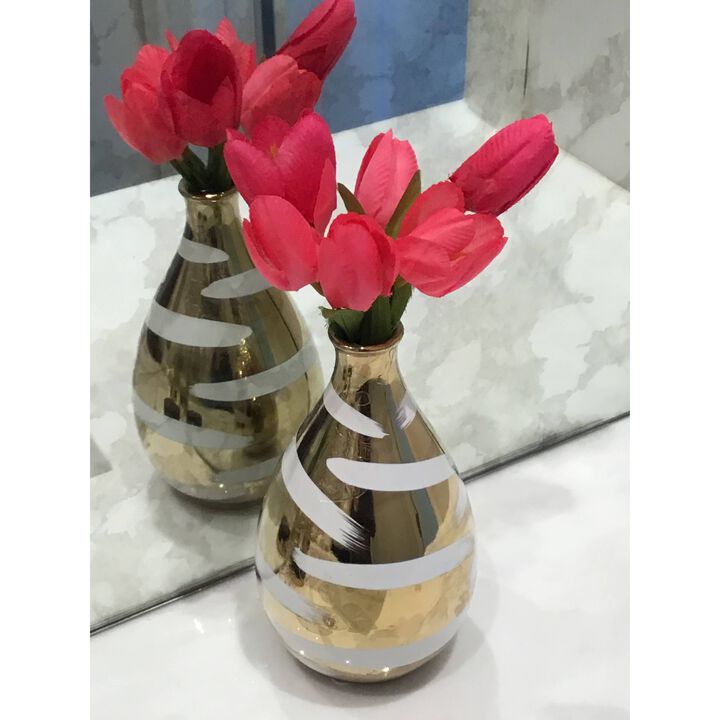 Gold Bud Vase with White Brushed Design  Narrow Opening