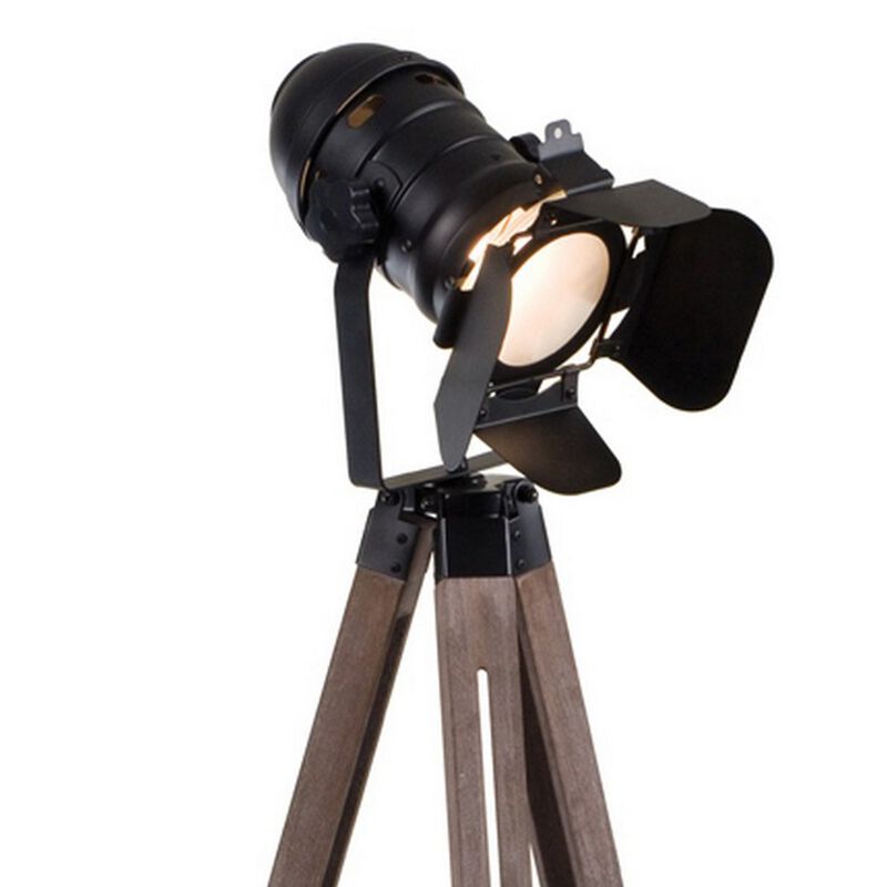 55 Inch Floor Lamp with Tripod Style Wood Frame, Spotlight, Brown and Black - Benzara image number 1