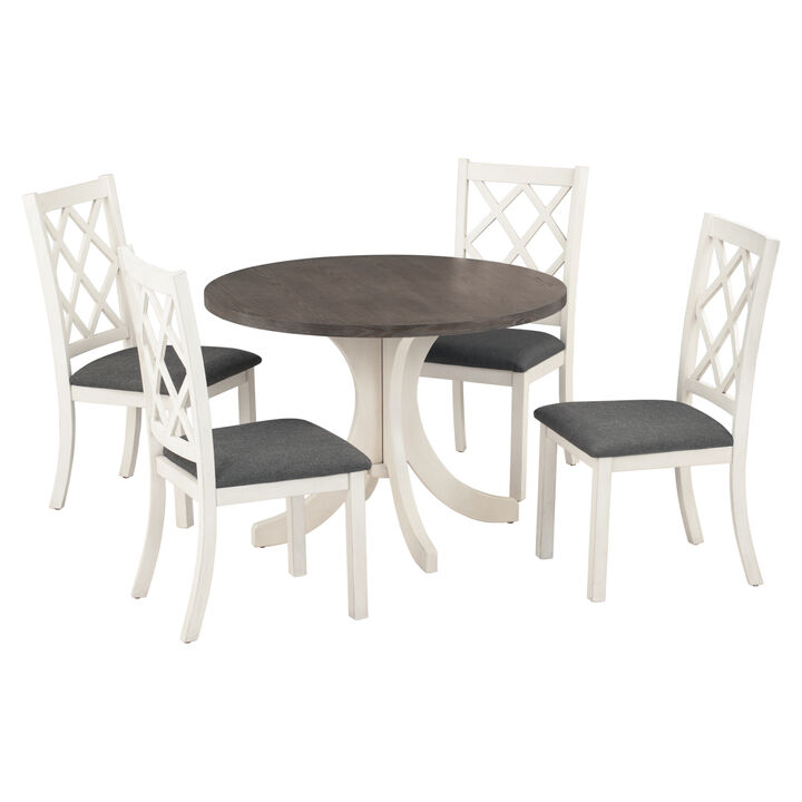 Mid-Century Solid Wood 5-Piece Round Dining Table Set, Kitchen Table Set with Upholstered Chairs for Small Places, Walnut Table+Beige Chair