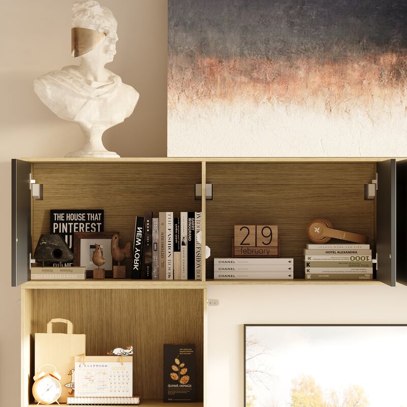 FUFU&GAGA Entertainment Wall Unit with 69" TV Console, Wall-Mounted Cabinets, Glass Doors, (92.7"W x 80.1"H x 15.7"D), Grey & Natural Wood Finish