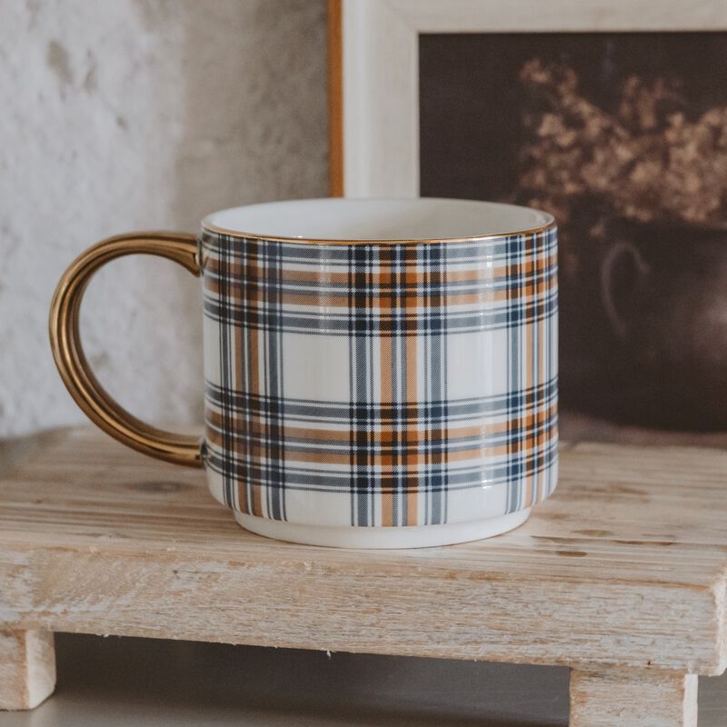 Orange Navy Plaid 14 oz Gold Handle Coffee Mug image number 2