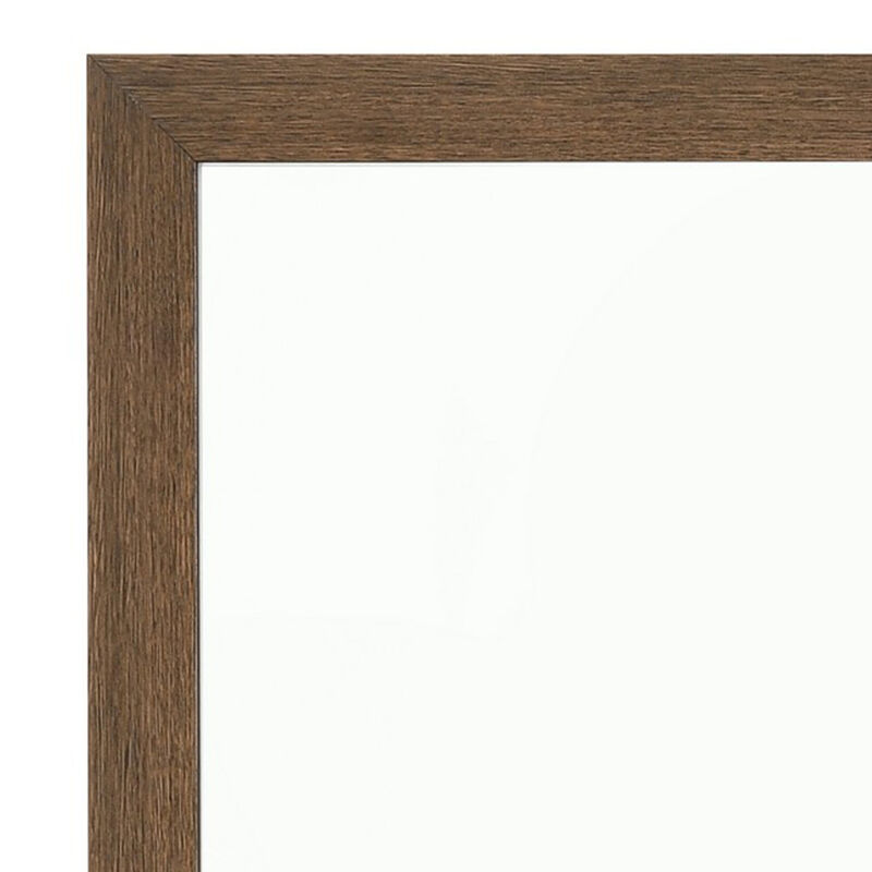 Transitional Style Wooden Frame Mirror with Grain Details, Brown - Benzara