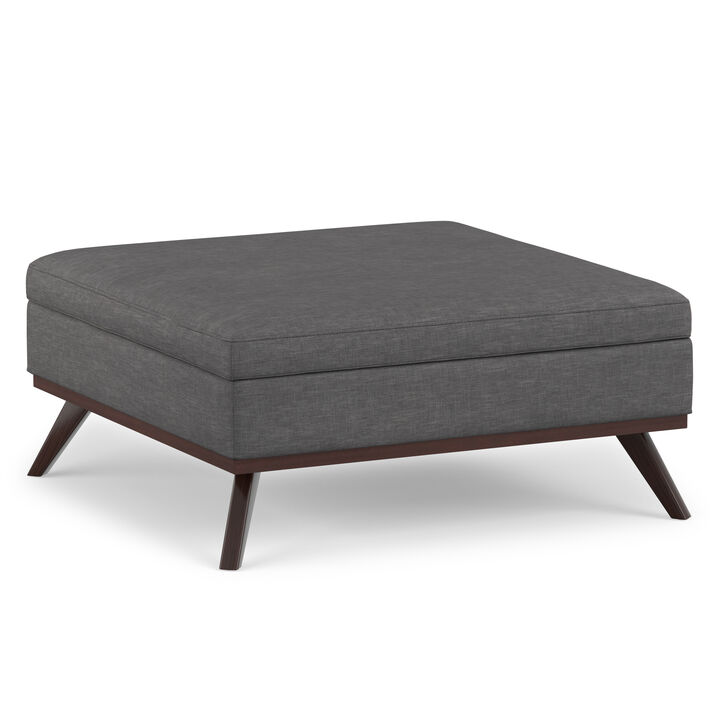 Owen 40 inch Wide Mid Century Modern Square XL Coffee Table Storage Ottoman in Slate Grey Polyester Fabric, Assembled