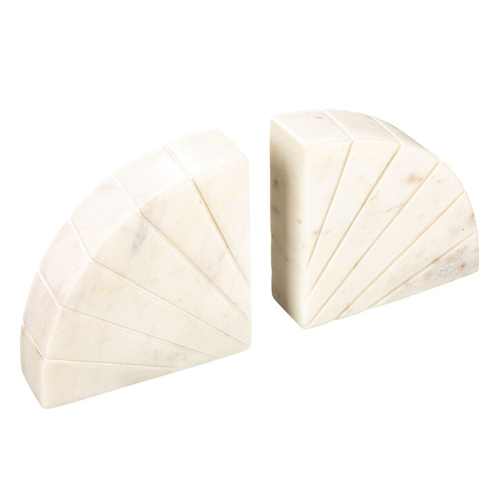 Modern Arched Semicircle Marble Bookends with Carved Detail, White, Set of 2