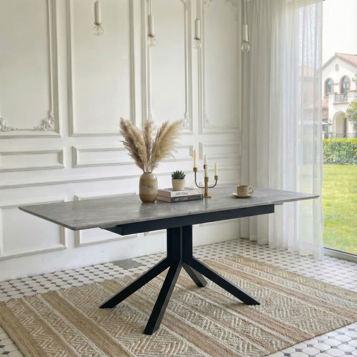 Rectangular Extendable Dining Table Laminated MDF top with geometric metal legs Modern dining table with automatic pop up leaf