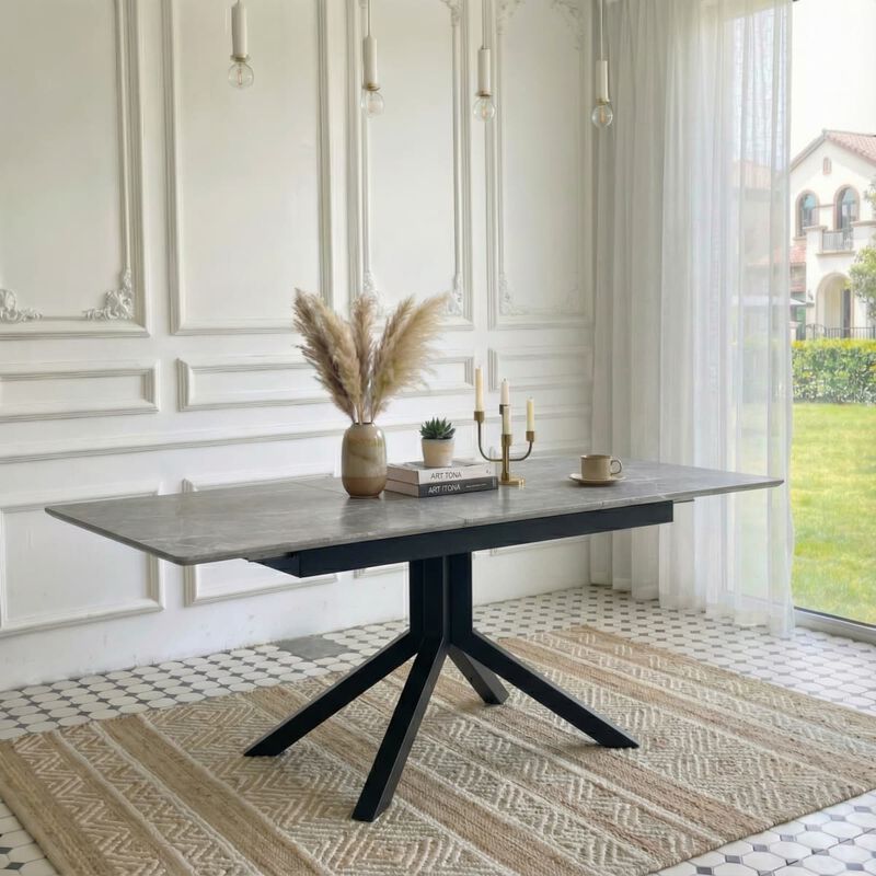 Rectangular Extendable Dining Table Laminated MDF top with geometric metal legs Modern dining table with automatic pop up leaf image number 1