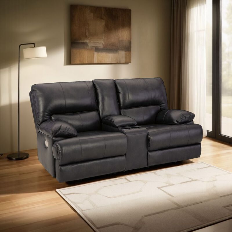 Monto Power Recliner Loveseat, Black Leather, Cupholders, 82 Inch - Benzara