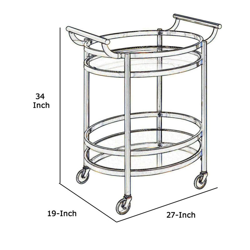 Oval Metal Serving Cart, Clear Glass & Black Nickel-Benzara