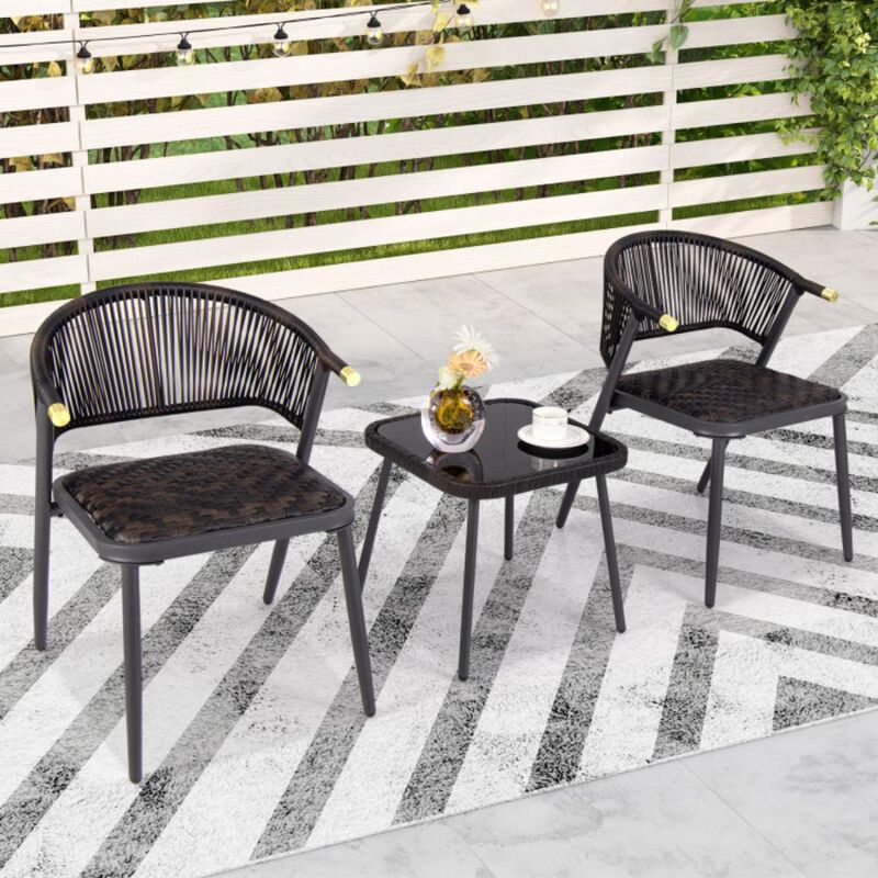 Hivvago 3 Pieces Patio Rattan Furniture Set with Tempered Glass Tabletop for Backyard Poolside