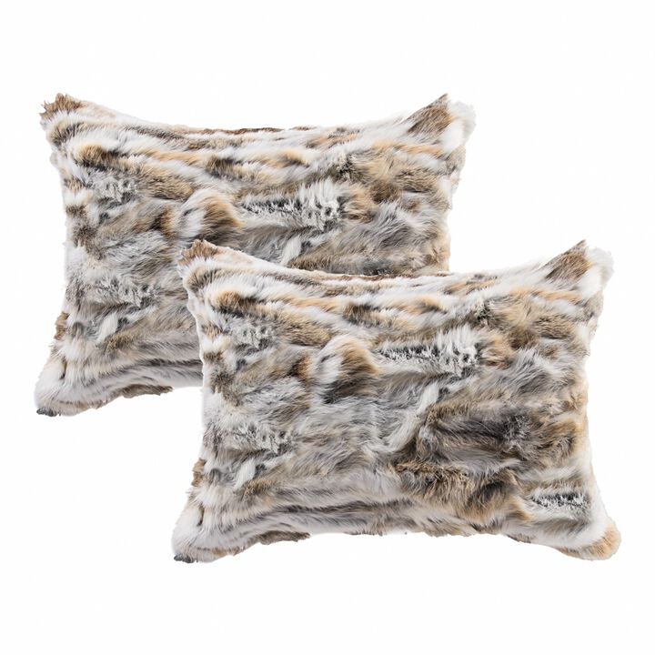 Homezia Set Of Two 12" X 20" Tan And White Rabbit Natural Fur Animal Print Throw Pillows