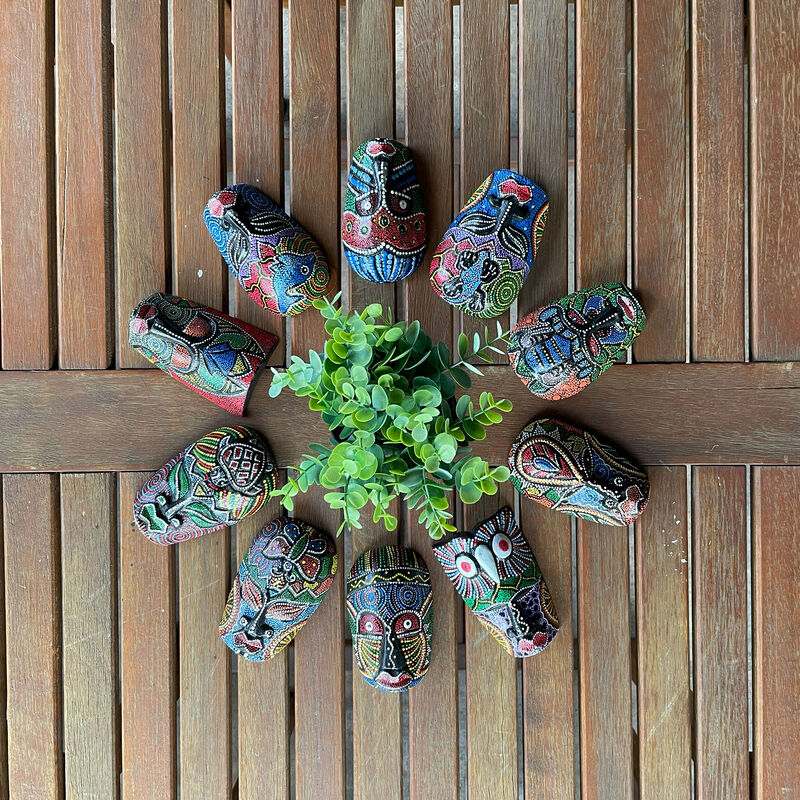 Set of 10 Hand Carved Tropical Dot Painted Tribal Masks 5 Inch Wall Decor image number 5